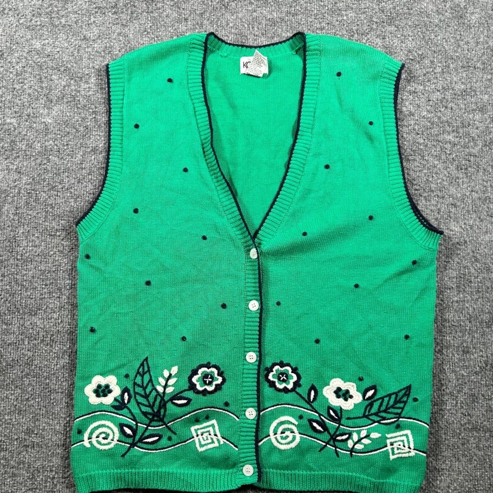 Koret Sweater Vest Womens Size M Green Floral Embroidered Cotton Blend Knit Vest